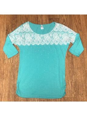 Vanity Green White Floral Sheer Lace Rhinestones Quarter Sleeve Blouse Small